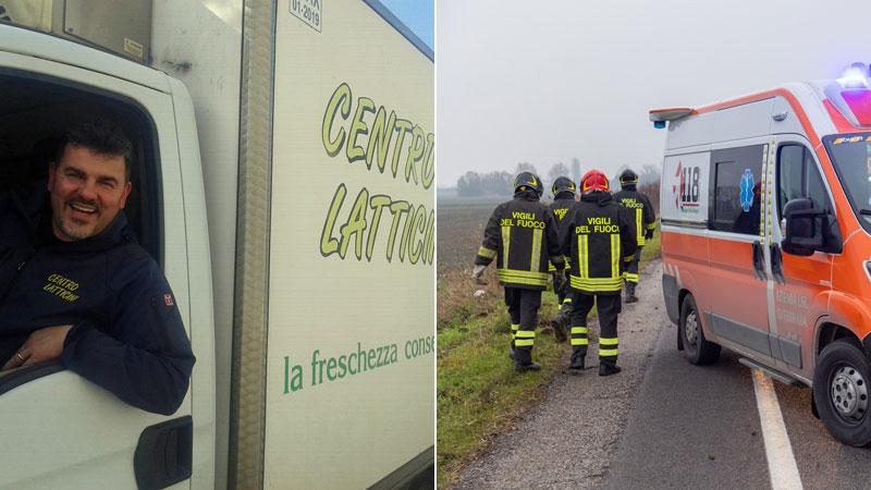 Una bella immagine di Nico Carli, 49 anni, a bordo del furgone del Centro latticini di Montelupo che utilizzava per fare le consegne sul territorio; accanto un intervento di pompieri e soccorritori