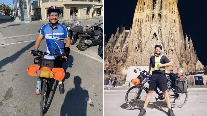 sinistra la partenza di Dimitri Rossi a Viareggio e a destra l’arrivo sotto la Sagrada familia