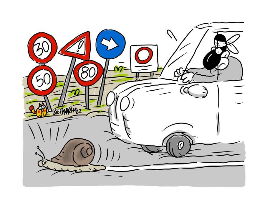 La vignetta di Gef: rispettare i limiti sulla 131 dei cantieri, 3 ore a passo di lumaca