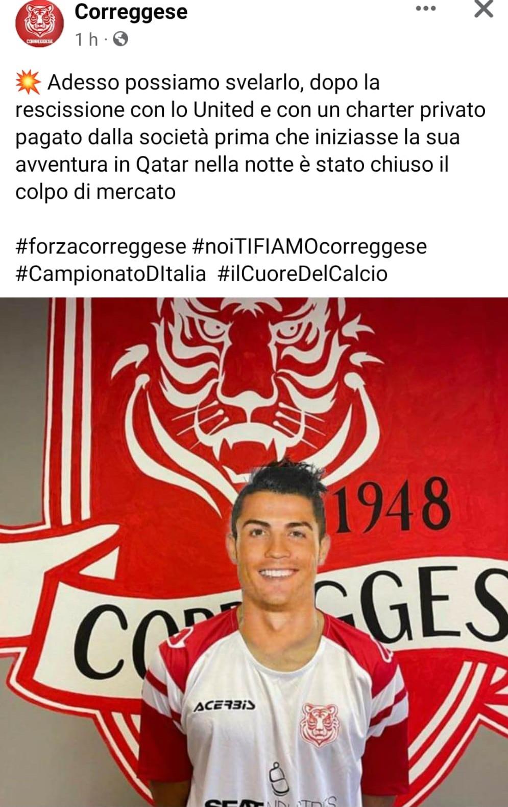 Ronaldo senza squadra? La Correggese ci scherza sopra: «Il ds Rossetti fa il colpo. Arriva CR7»
