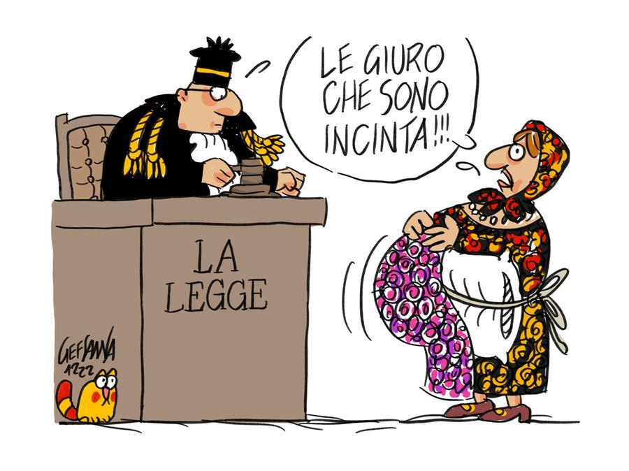 La vignetta di Gef: finge di essere incinta per evitare il carcere