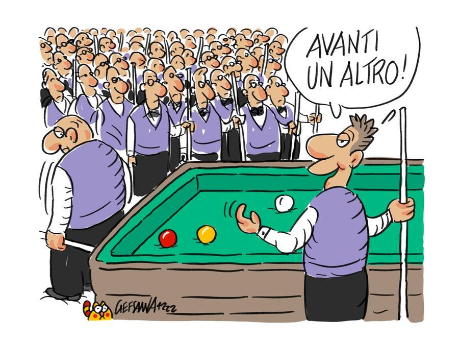 La vignetta di Gef: il sassarese Mura batte 2000 avversari al biliardo