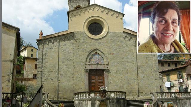 Nella foto Marisa Pizza e la chiesa di Santo Stefano, dove venerdì si terrà il funerale