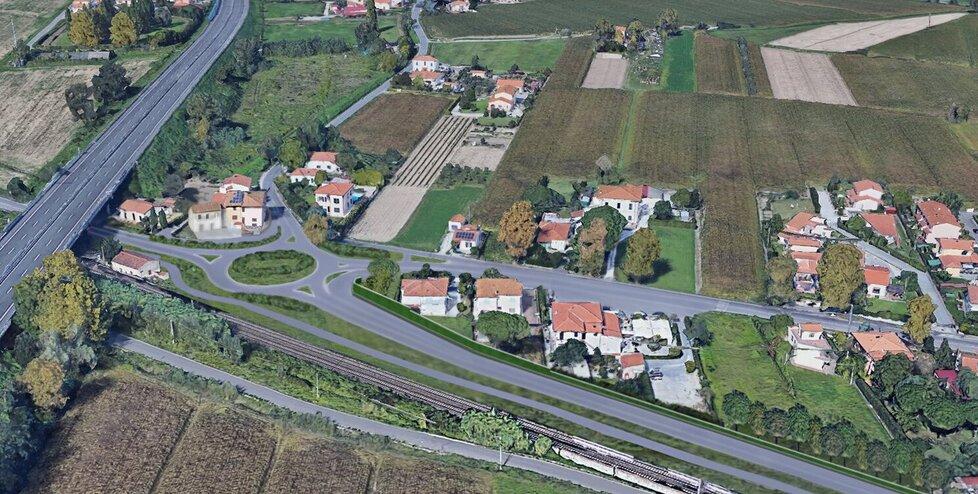La simulazione grafica del punto di innesto della nuova strada a Madonna dell’Acqua all’altezza del cavalcavia autostradale e dell’intersezione con via Turati attraverso una rotatoria