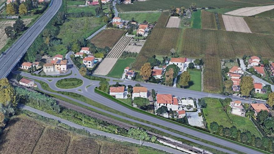 La simulazione grafica del punto di innesto della nuova strada a Madonna dell’Acqua all’altezza del cavalcavia autostradale e dell’intersezione con via Turati attraverso una rotatoria