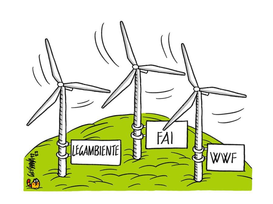 La vignetta di Gef: gli ambientalisti dicono sì a eolico e fotovoltaico