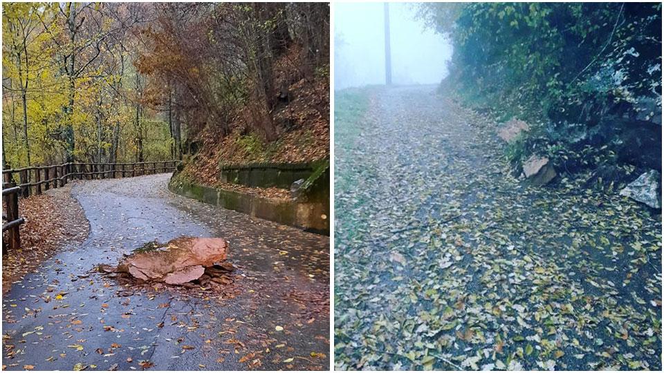 A sinistra il masso caduto a Pescaglia, a destra quello finito sulla carreggiata a Vagli