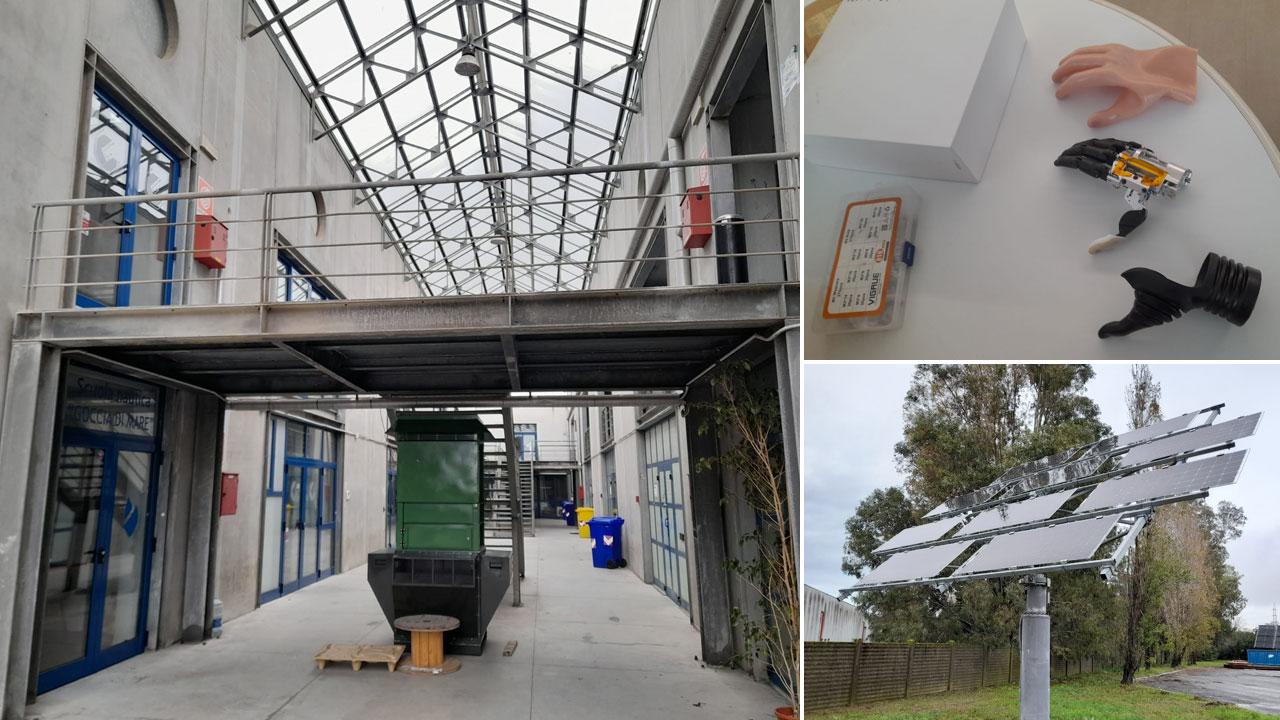 Lo stabilimento della Compolab al Picchianti. Nelle foto a destra la protesi commissionata da Inail e l’impianto fotovoltaico progettato dall’azienda