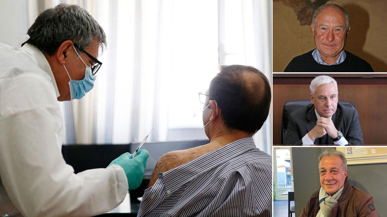 Nella foto a sinistra un medico di famiglia vaccina un paziente, a destra partendo dall'alto: Domenico Lombardi, Giorgio Del Ghingaro ed Ermanno Sorbo