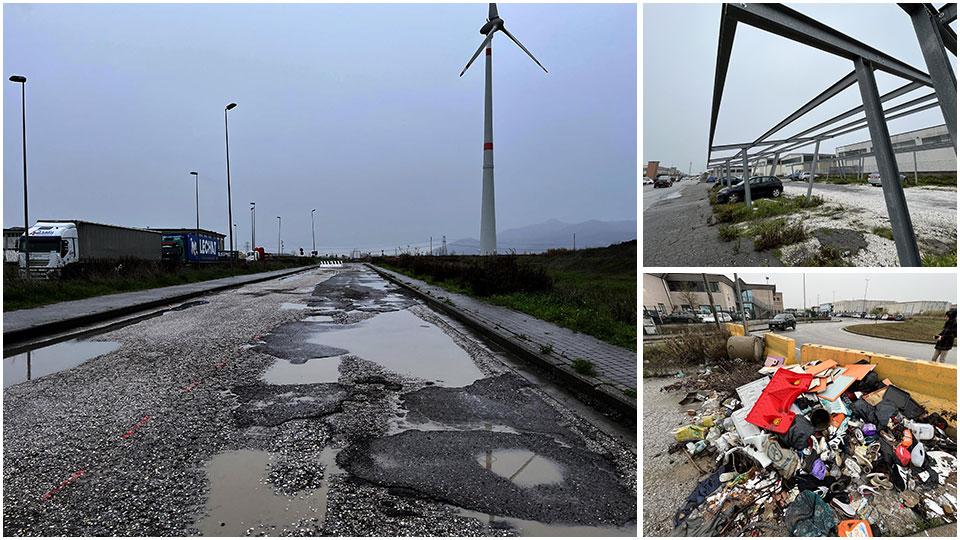 Nella foto grande i crateri in via Carpi, in alto a destra un parcheggio “fotovoltaico” senza pannelli e in basso a destra la discarica in via dell’Industria