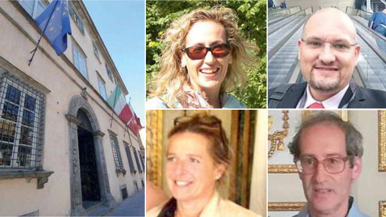 Palazzo Orsetti, sede del Comune. In ordine: Paola Angeli, Alessandro Cartelli, Antonella Giannini e Antonio Marino