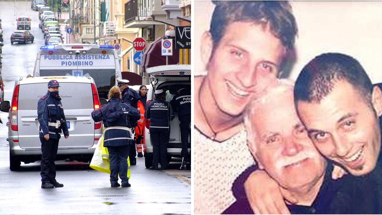 Nella foto a sinistra, la polizia municipale e i soccorritori della P.A. di Piombino ieri in via S. Francesco (foto Paolo Barlettani); a destra, Gianfranco Geri insieme ai nipoti Luca e Andrea