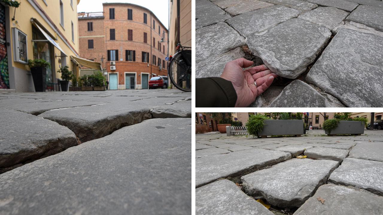Alcune grosse fessure in via Vinzaglio e lo stato dei lastroni davanti al Museo archeologico e d’arte della Maremma in piazza Baccarini