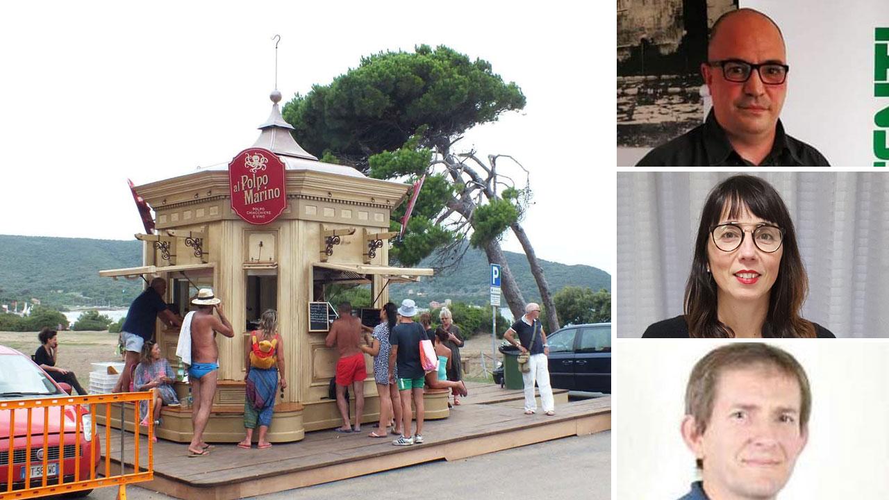 Il chiosco “Al polpo marino” aperto da anni all’ingresso del pratone di Baratti (foto d’archivio). Nelle foto piccole dall’alto Vincenzo Cananzi di Confesercenti, Alessia Fagioli della Cna e Marco Torchioni di Confcommercio