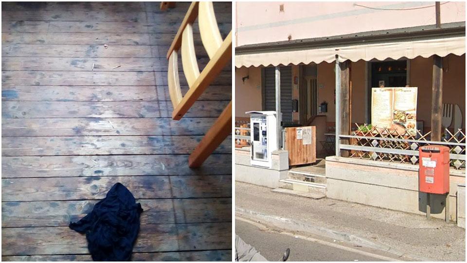 Lo straccio intriso di benzina ritrovato dal titolare del locale e l’ingresso del bar, tabacchi e pizzeria La Perla Nera a Marina di Massa (zona Don Gnocchi)