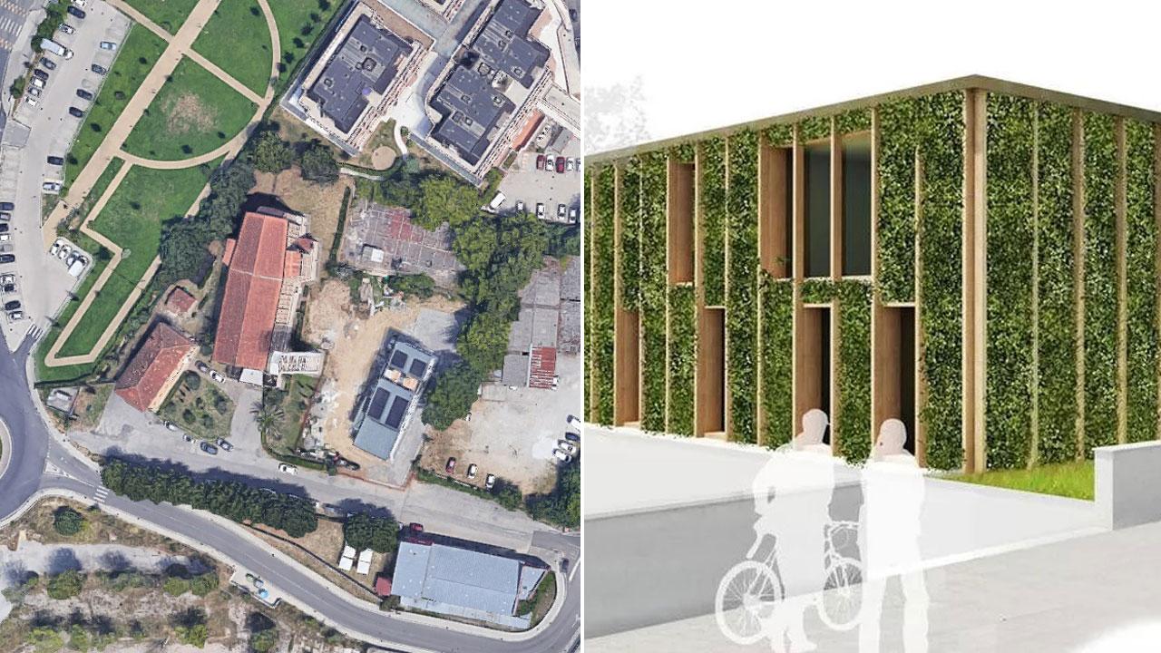 Una veduta dall’alto della zona interessata e un rendering del progetto