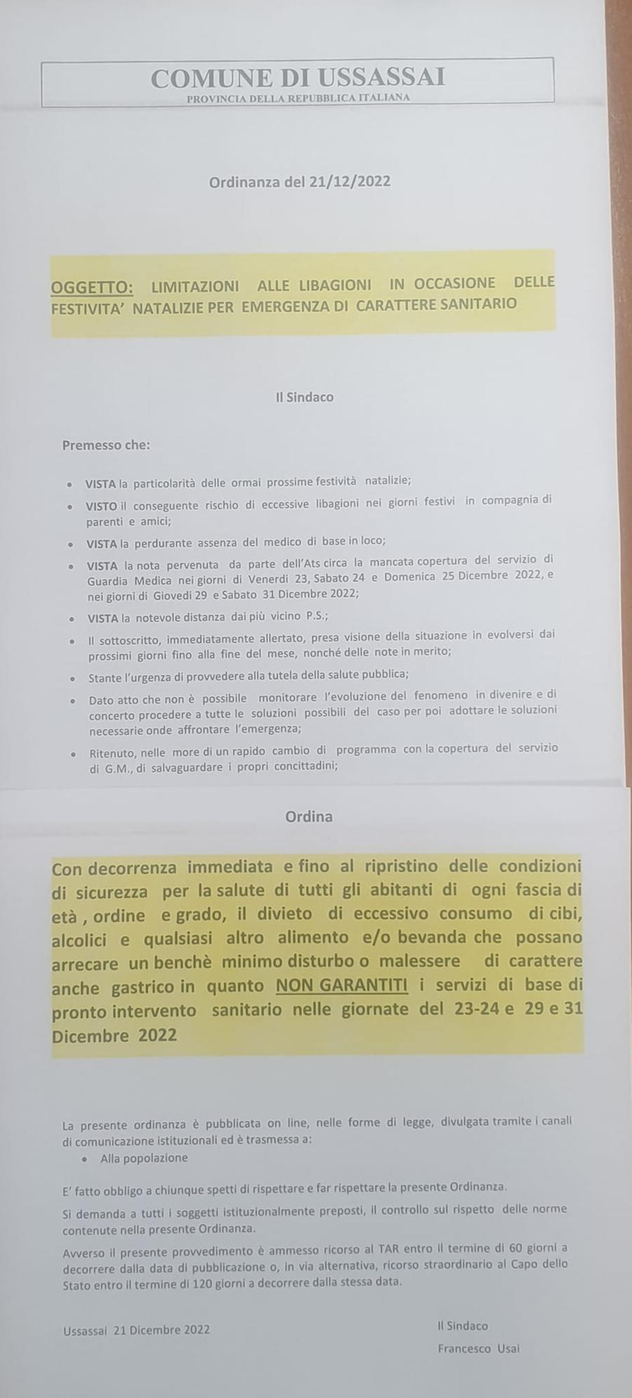 Il sindaco di Ussassai su Facebook: “Niente medici, durante le feste non mangiate e bevete troppo"