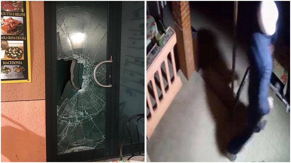 La vetrina sfondata al bar Fiore a Collemezzano e il ladro ripreso dalle telecamere mentre sfonda un vetro