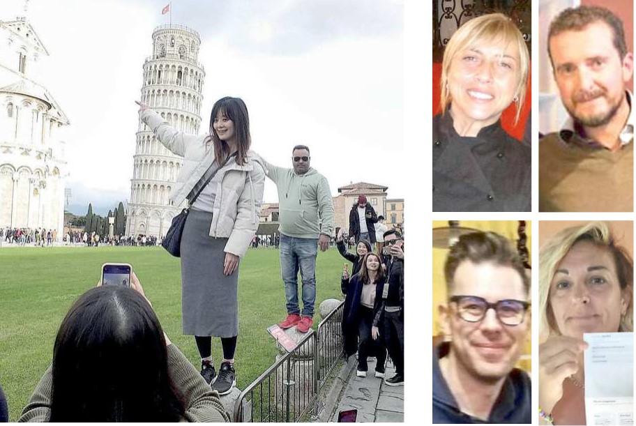 Nella foto grande turisti in piazza dei Miracoli (foto Muzzi), poi in senso orario Daniela Petraglia, Federico Benacquista, Barbara Benvenuti e Simone Romoli
