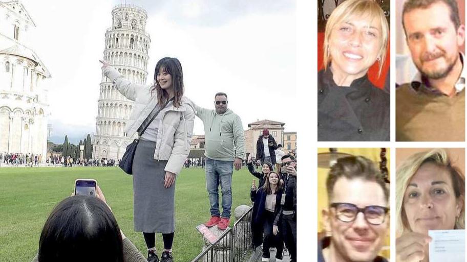 Nella foto grande turisti in piazza dei Miracoli (foto Muzzi), poi in senso orario Daniela Petraglia, Federico Benacquista, Barbara Benvenuti e Simone Romoli