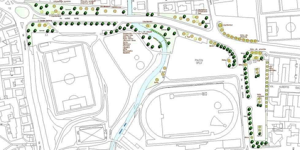 Il progetto con i punti in cui verranno piantati i nuovi alberi e arbusti