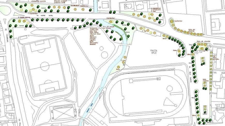 Il progetto con i punti in cui verranno piantati i nuovi alberi e arbusti
