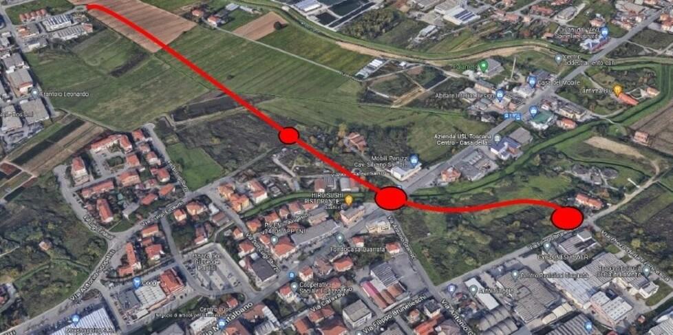Il tracciato della nuova strada che collegherà le due aree industriali di Quarrata