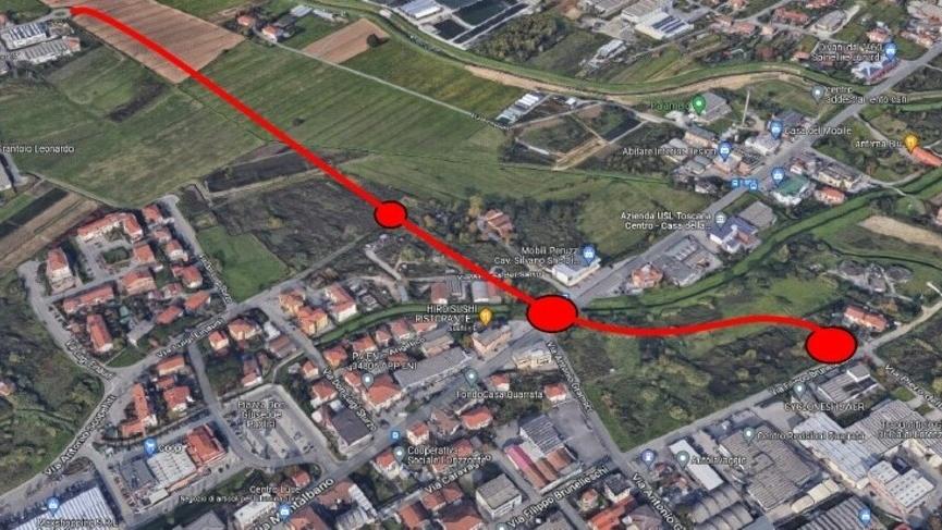 Il tracciato della nuova strada che collegherà le due aree industriali di Quarrata