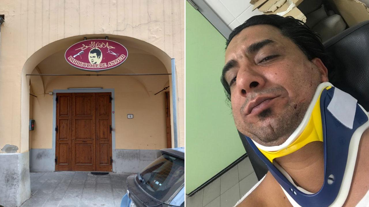 Il negozio di barbiere di Rachid Aroui in piazzetta Lippi, a due passi dal Duomo, nella foto a destra Rachid Aroui dopo una delle aggressioni