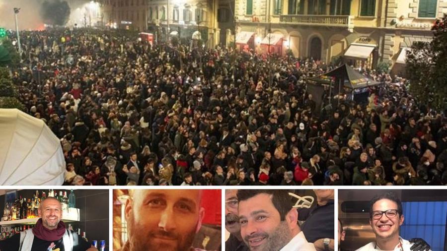 
	Nella foto grande la folla in piazza Martiri della Libert&agrave; nella serata dell'ultimo dell'anno; sotto, da sinistra: Luca Firmani, Alessio Bartalucci, Daniele Bini e Simone Bucchi&nbsp;

