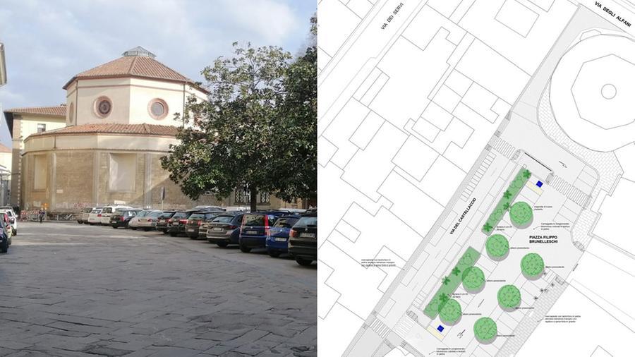 Un giardino, alberi e 21 posti auto: la nuova vita di piazza Brunelleschi