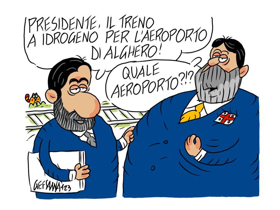 La vignetta di Gef: Alghero, arriva il treno a idrogeno ma serve sostenere l’aeroporto