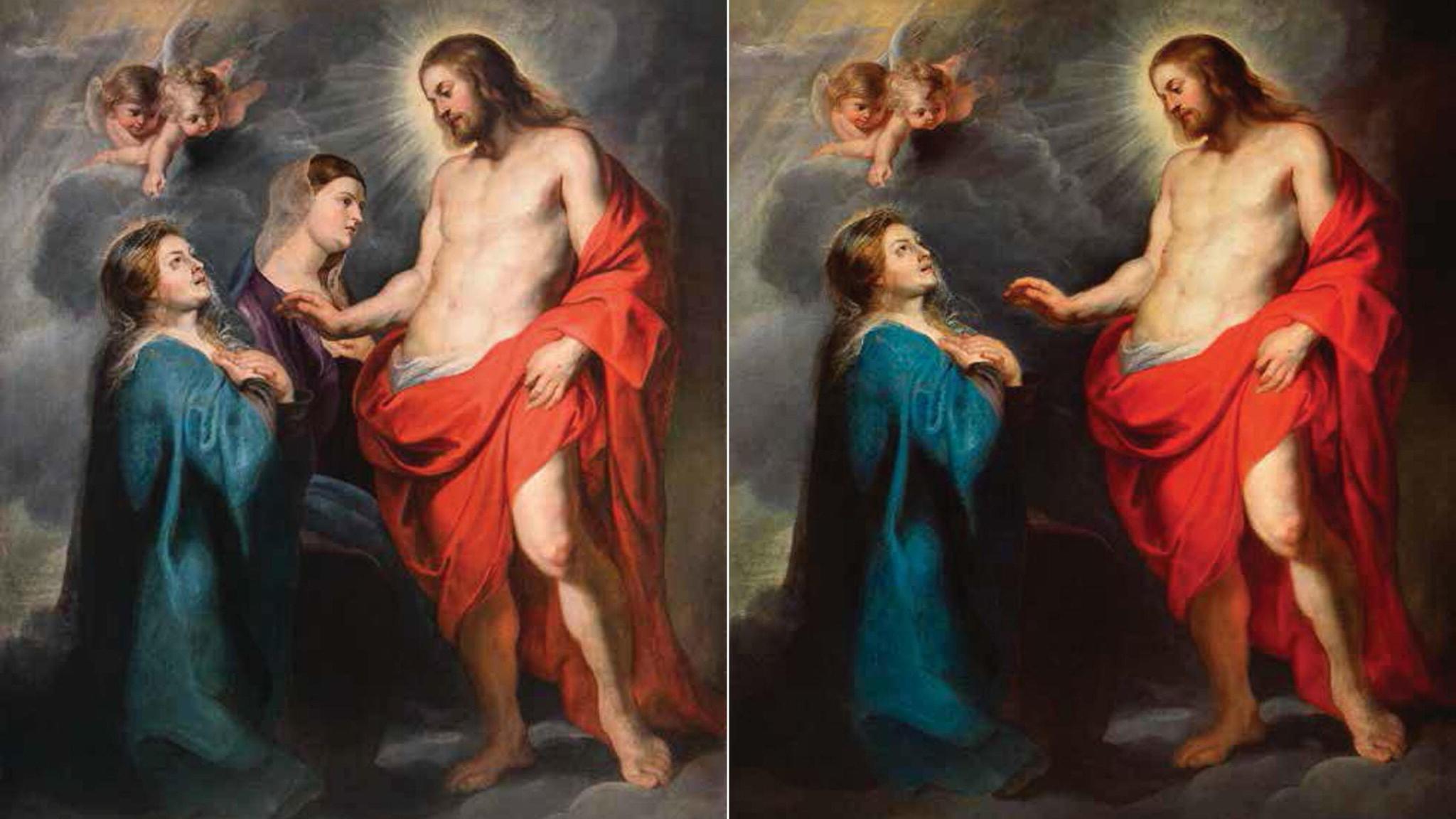 Nella foto il quadro “Cristo risorto appare alla madre”prima e dopo il restauro che ha fatto emergere la seconda figura della Madonna