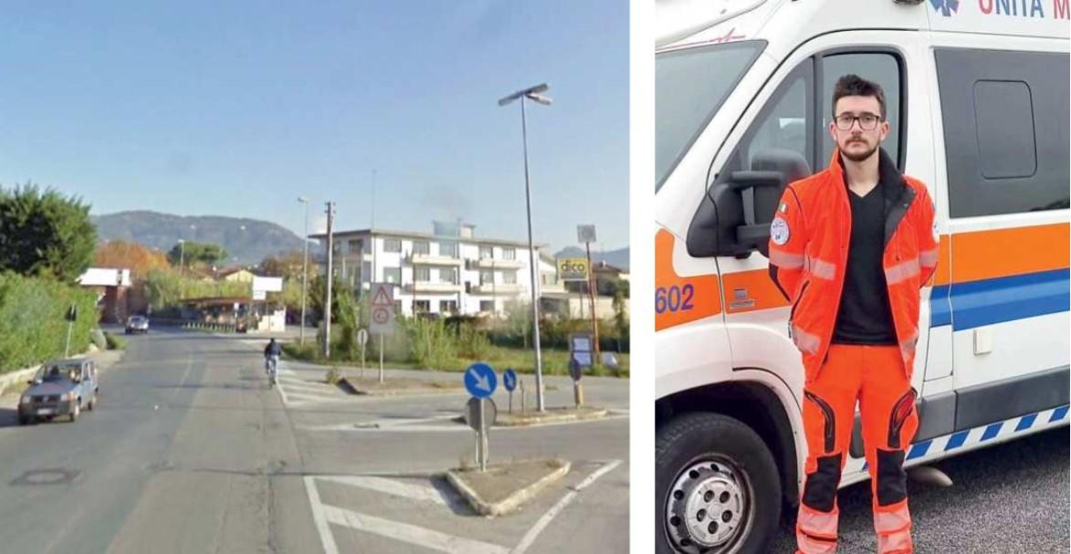 Il punto in cui sono stati scagliati i cassonetti contro le ambulanze  e Andrei Stoica il volontario della associazione che guidava una delle due ambulanze