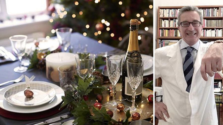 Una tavola imbandita per le feste di fine anno e a destra il dottor Ciro Vestita