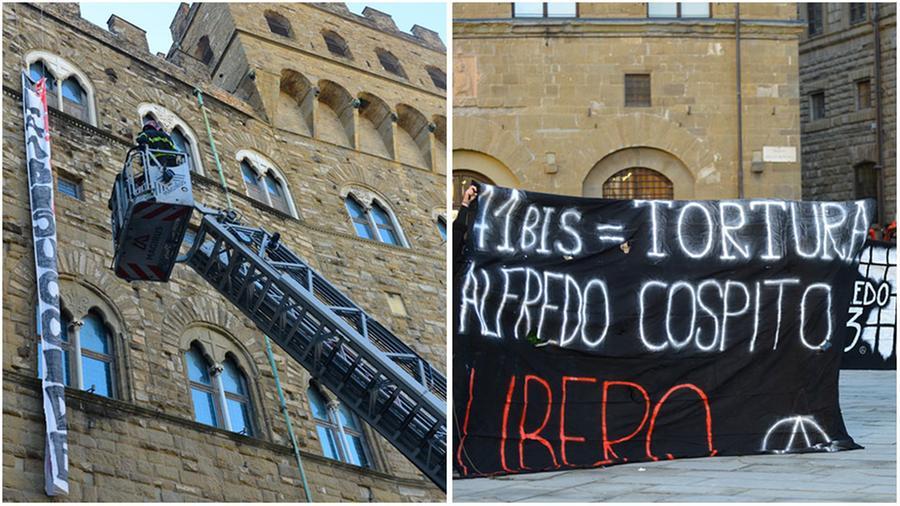 Firenze, gli anarchici occupano Palazzo Vecchio e affiggono uno striscione per l’insurrezionalista in carcere – Video