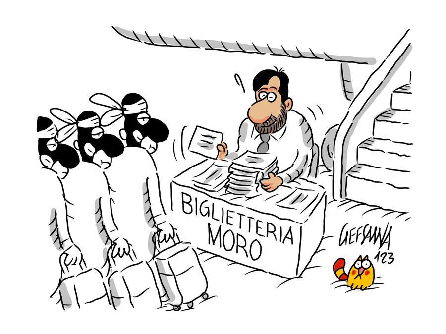 La vignetta di Gef, Moro e gli emigrati: biglietti a tariffa unica