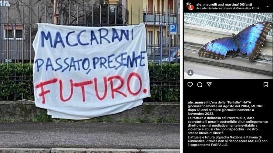 
	A sinistra&nbsp;uno striscione a supporto di Emanuela Maccarani, a destra il post di Alessia Maurelli

