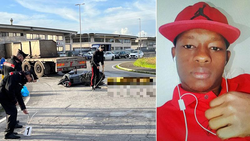 A sinistra i rilievi dei carabinieri alla rotonda in via dell’Industria e di lato la vittima Moussa Coulibaly, 27 anni del Mali