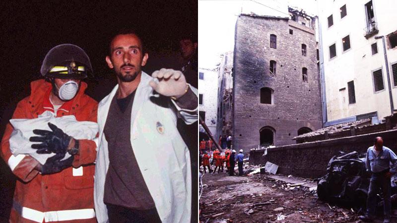 
	In alto, il giovane pompiere Innocenti porta via il corpo della piccola Caterina. A destra, il luogo dell&rsquo;attentato poche ore dopo l&rsquo;esplosione


