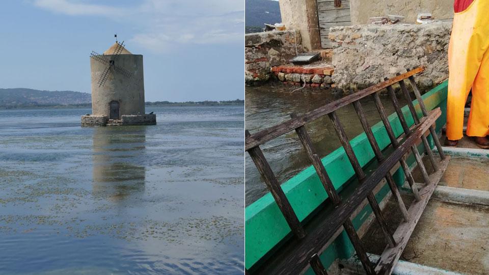 Mulino simbolo di Orbetello sfregiato dal maltempo, una pala recuperata in laguna