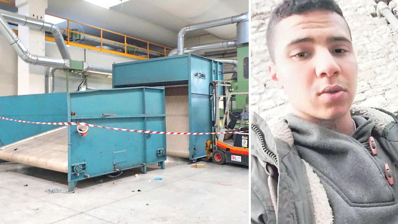 In alto a destra Sabri Jaballah e a fianco il macchinario che lo ha ucciso la mattina del 2 febbraio 2021 nello stabilimento di Montale