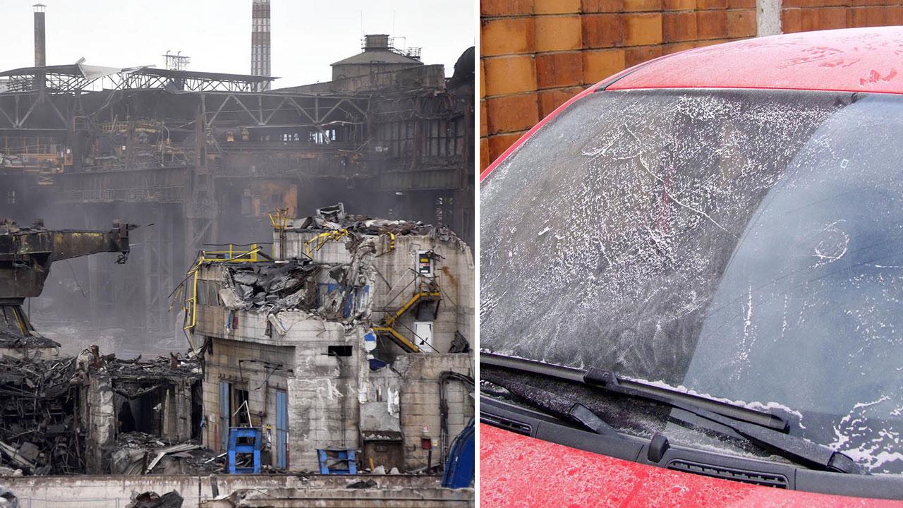 L’area industriale in fase di demolizione e, più in basso, la polvere sopra il parabrezza di un’auto (foto di Paolo Barlettani)