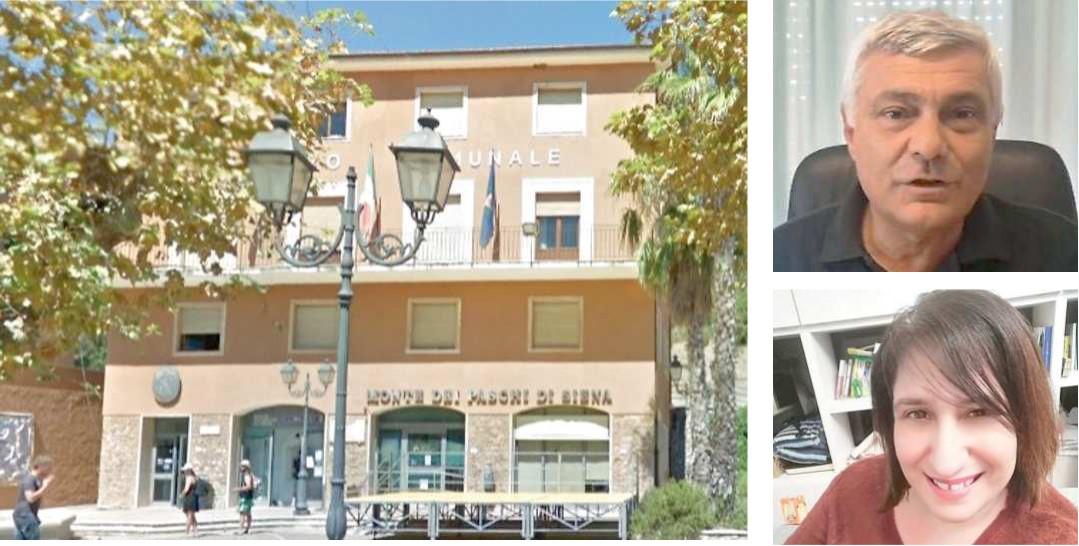 Nella foto grande il palazzo comunale di Rio Marina in alto Marco Corsini e, sotto, Paola Mancuso