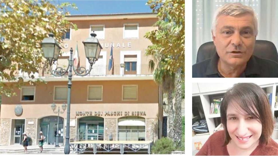 Nella foto grande il palazzo comunale di Rio Marina in alto Marco Corsini e, sotto, Paola Mancuso