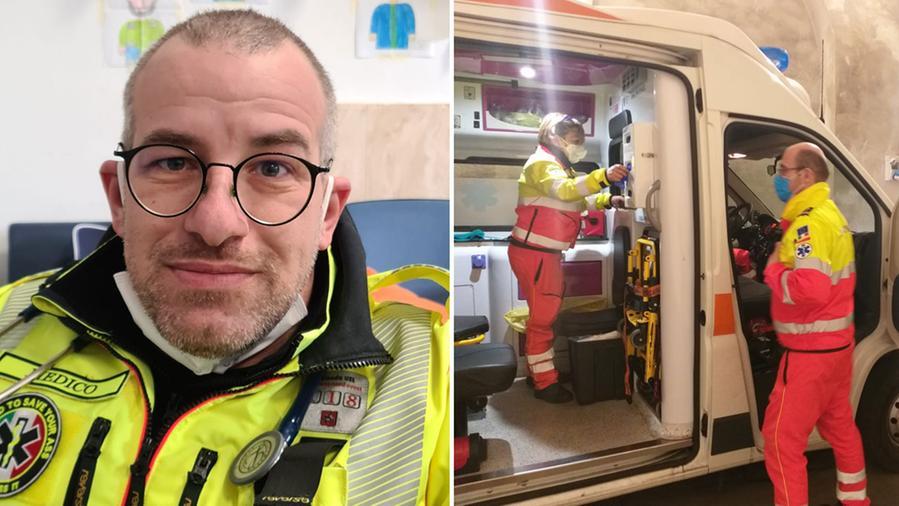 ll medico del 118 livornese Stefano Bertolini ricoverato nella terapia intensiva cardiologica. A destra due volontari della Svs e l’ambulanza
