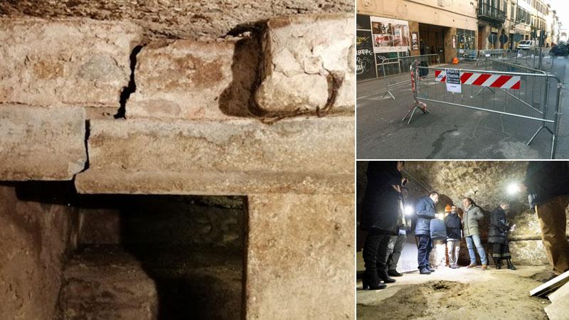 L’immagine di una trave portante spezzata, poi le transenne che bloccano il passaggio nel borgo e i residenti nelle cantine mostrano le voragini all’assessore