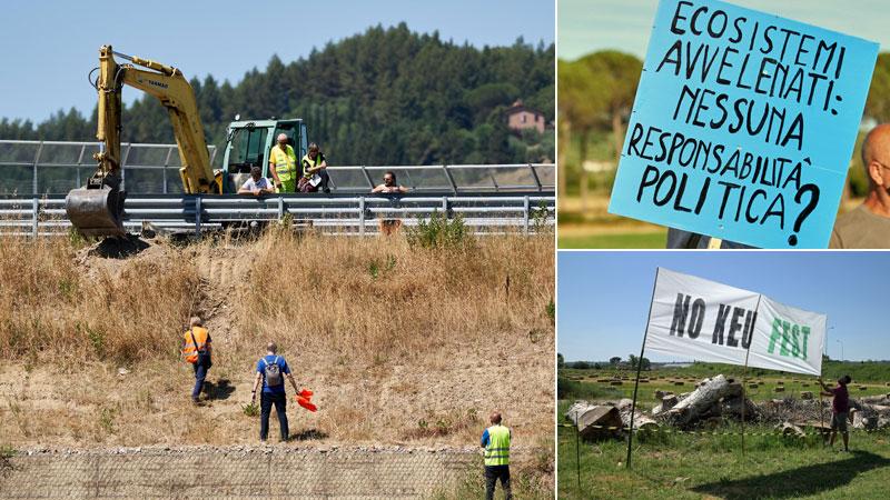 Un momento dei rilievi già effettuati lungo la 429 a Brusciana e una protesta inscenata sul posto degli ambientalisti dopo che lo scandalo è venuto alla luce
