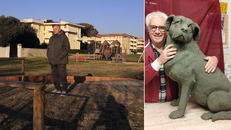 A sinistra il punto esatto dove la statua potrebbe essere posata, a destra Petrucci con il modello in creta di Kyra