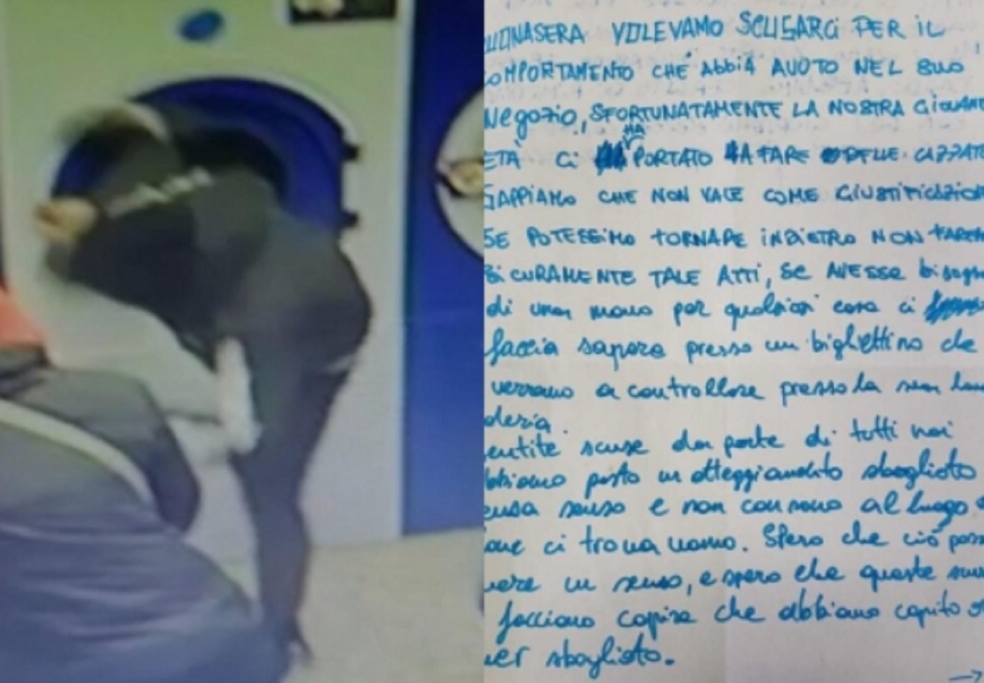 A sinistra un giovane mentre prende a calci un oblò della lavanderia automatica. A destra la lettera di scuse